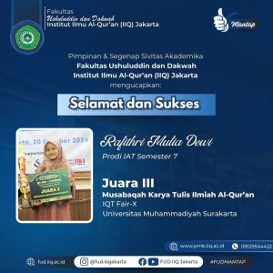 Rafithri Mulia Dewi Raih Juara 3 Nasional di MKTIA IQT Fair-X: Kebanggaan Baru FUD IIQ Jakarta!